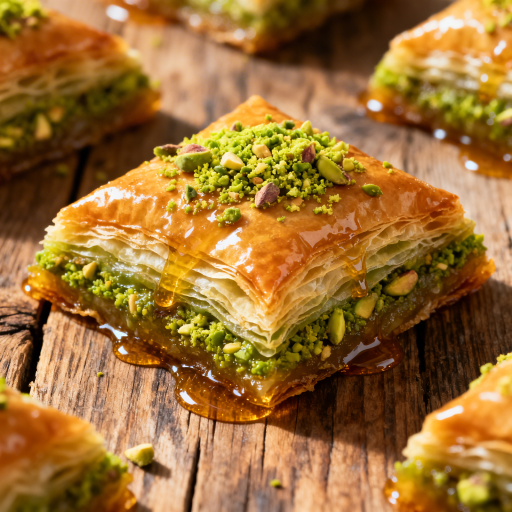 Gros plan sur un baklava libanais artisanal aux pistaches d'Alep, révélant le croustillant de la pâte filo dorée au beurre, fabriqué à l'épicerie Les 2 Libanais à Aix-en-Provence.