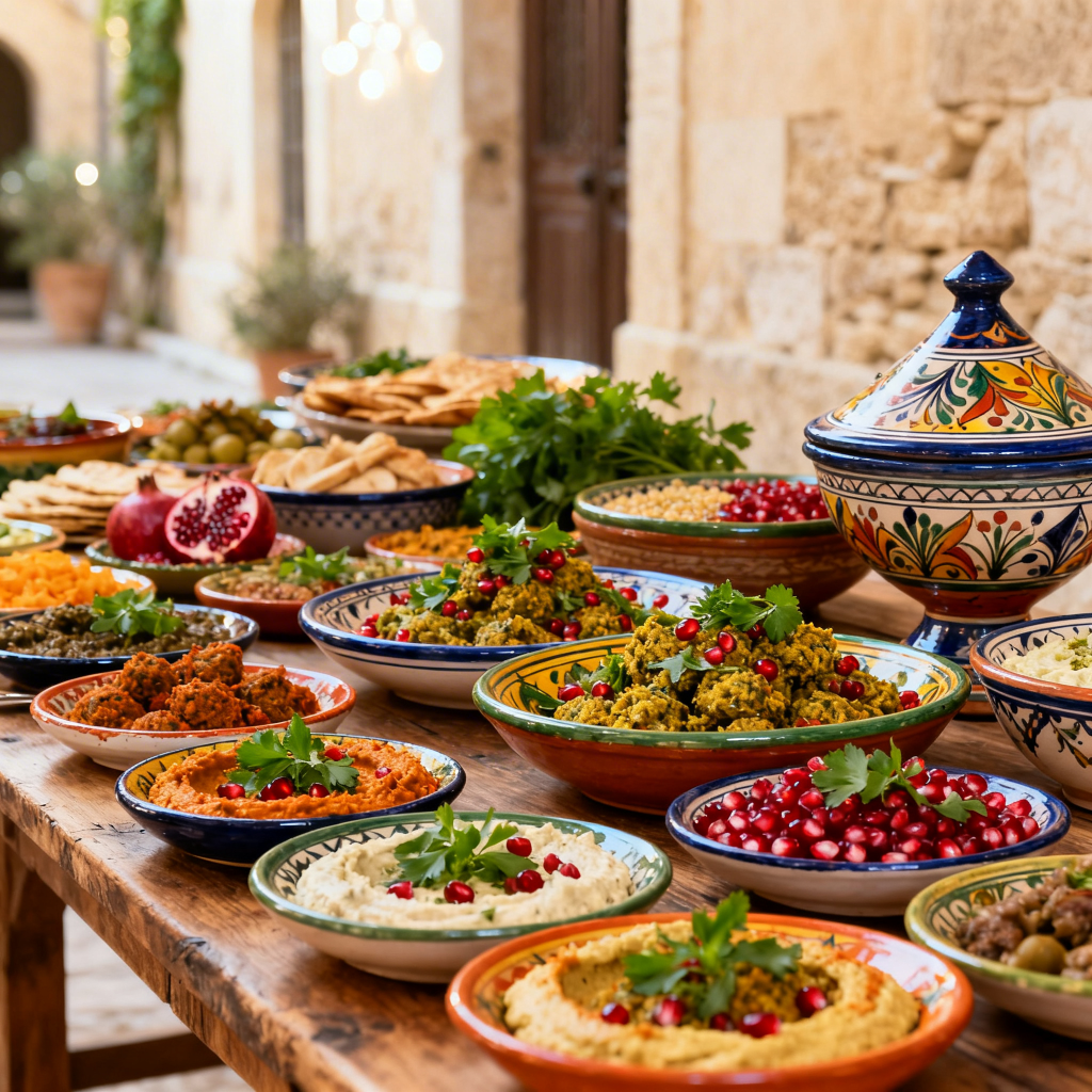 Vaste buffet de Carême arménien végétalien présenté sur une table en bois rustique chez Les 2 Libanais à Aix-en-Provence, lumière naturelle.