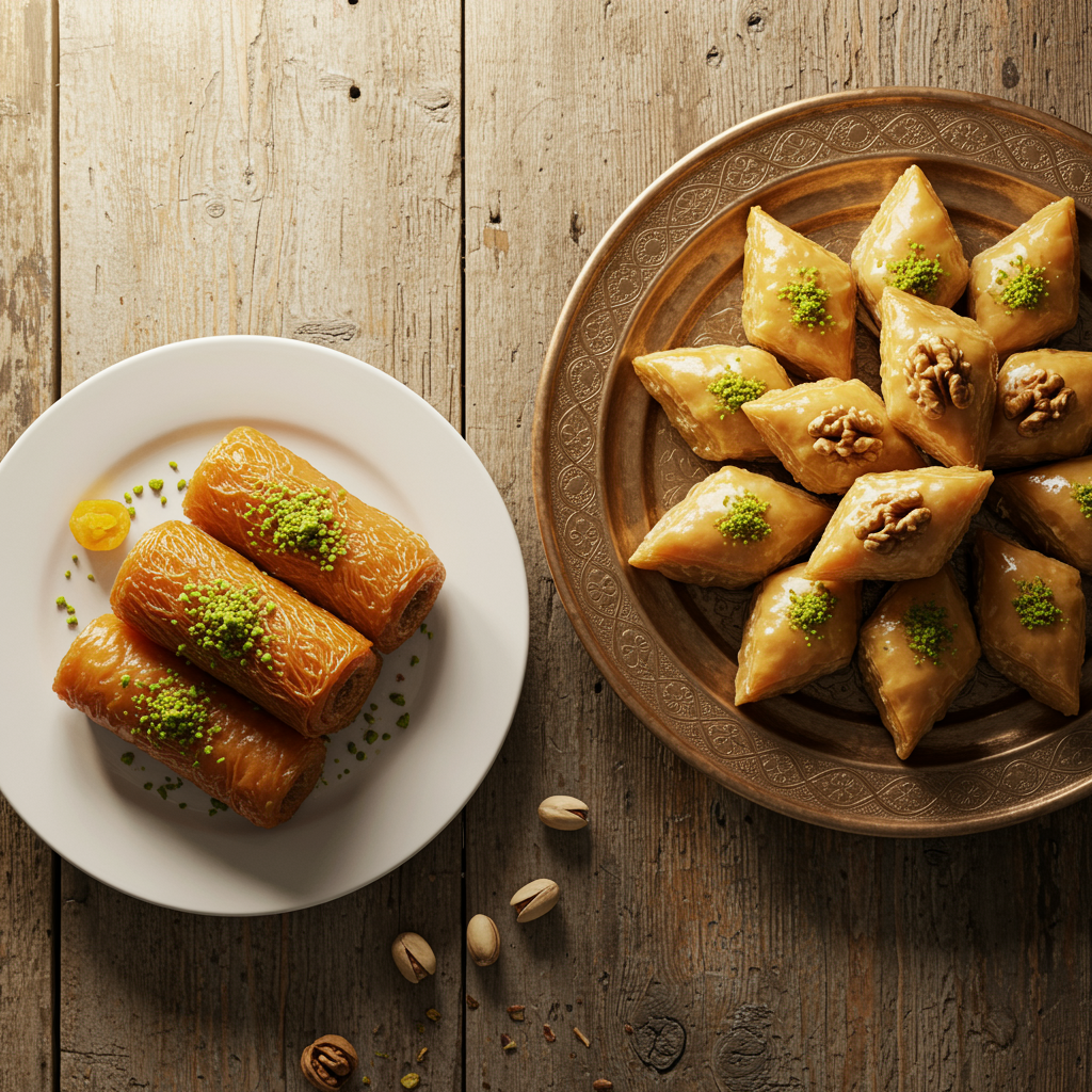 Plateau de pâtisseries libanaises artisanales comparant des baklavas croustillants aux pistaches et des Znoud el Sit frais à la crème (ashta), spécialités de l'épicerie Les 2 Libanais à Aix-en-Provence.