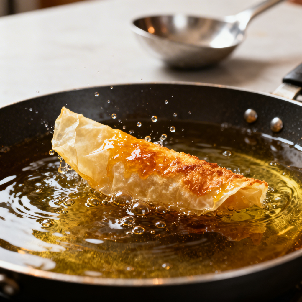 Gros plan sur la friture rapide à 180°C d'un Znoud el Sit libanais, créant une enveloppe croustillante dorée autour d'un cœur fondant de crème ashta fraîche, spécialité de l'épicerie Les 2 Libanais à Aix-en-Provence près d'Aubagne.