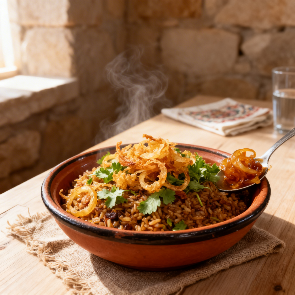 Mjadara chaud de lentilles vertes et boulghour surmonté d'oignons caramélisés croustillants, proposé par le traiteur Les 2 Libanais à Aix-en-Provence.