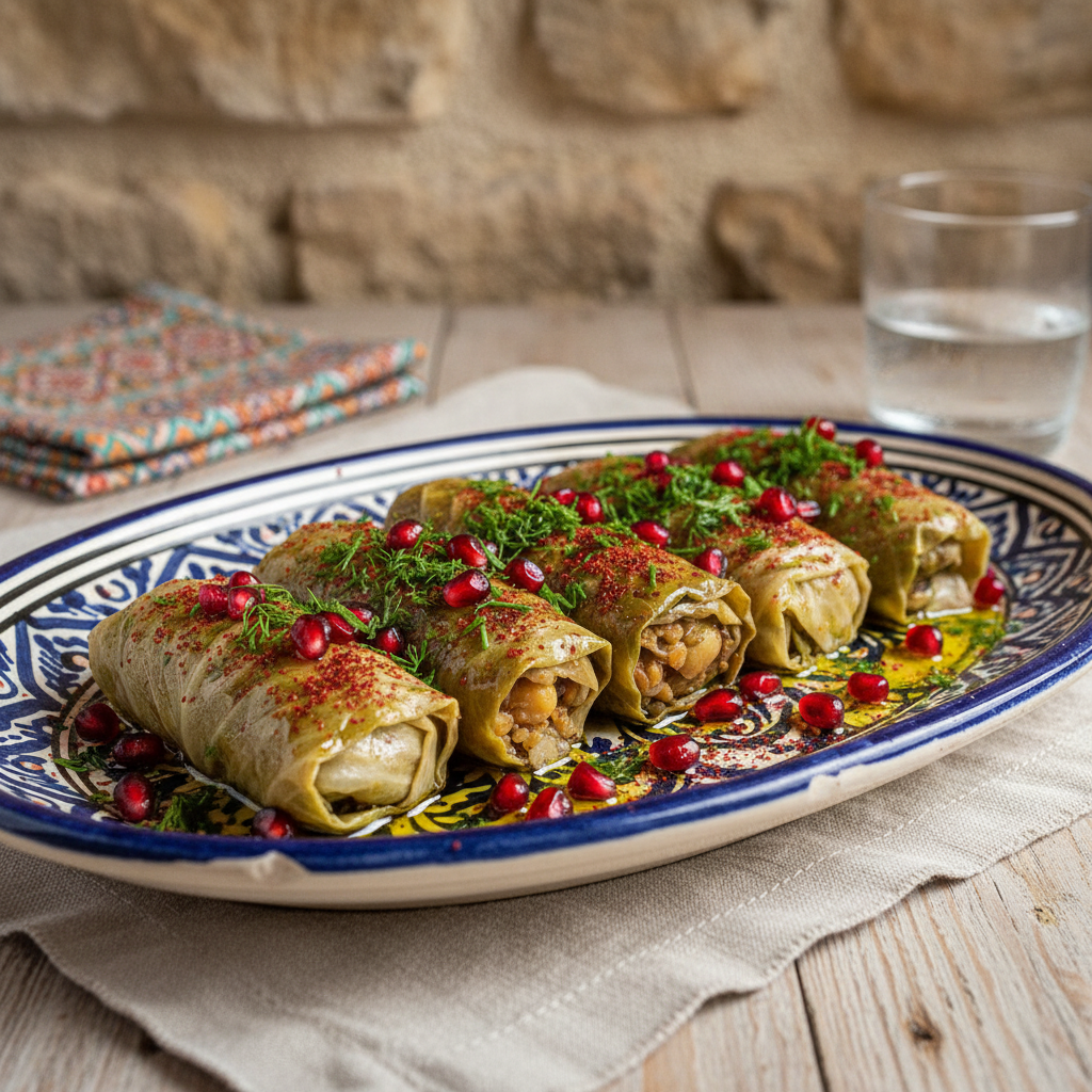 Pasuts Tolma (dolmas de Carême végétaliens) farcis aux 7 grains, servis avec sumac et grenade chez Les 2 Libanais à Aix-en-Provence.