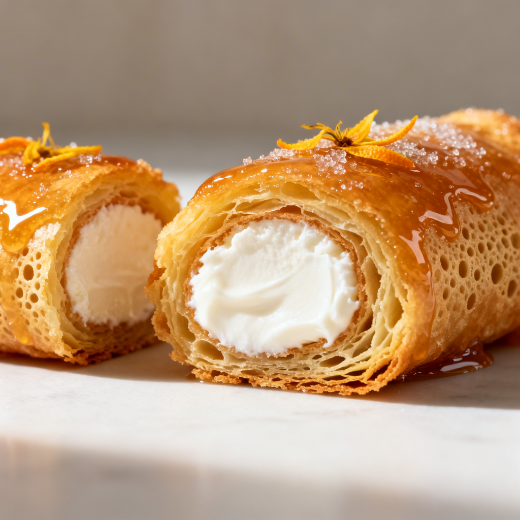 Gros plan sur un Znoud el Sit libanais croustillant révélant un cœur fondant de crème ashta (type brousse artisanale), saupoudré de pistaches vertes, fabriqué à Aix-en-Provence.