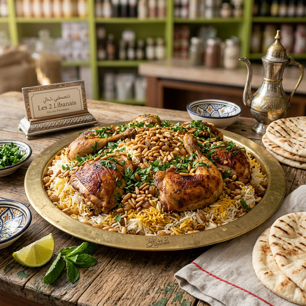 Riz au poulet libanais Rzz à Jchaj servi avec pignons de pin, raisins secs et persil frais, plat traditionnel du Liban