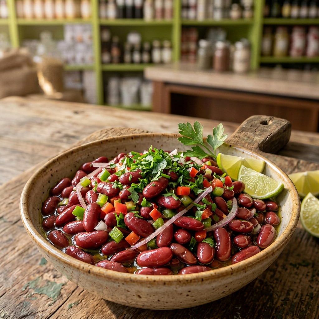 Salade libanaise d’haricots rouges Salata Hamra avec poivrons, oignon rouge, persil frais et citron les 2 libanais aix en provence et marseille
