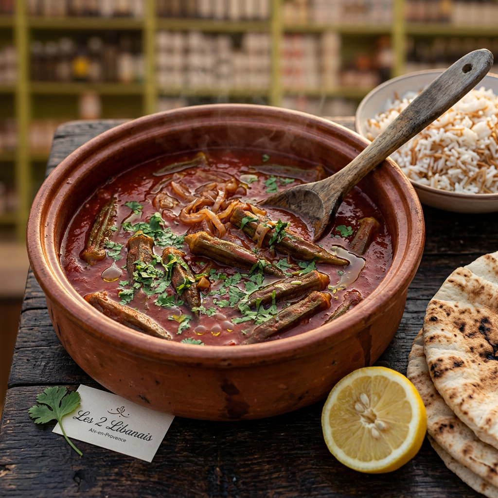 Bamyeh Bzeit : ragoût gombos sauce tomate citron coriandre libanais - recette vegan Les 2 Libanais Aix-en-Provence (17 rue Paul Bert)