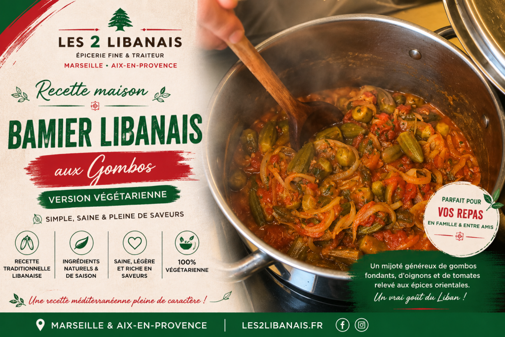 Recette maison de bamier libanais végétarien aux gombos mijotés, inspirée des saveurs orientales de printemps proposées par Les 2 Libanais à Marseille et Aix-en-Provence.